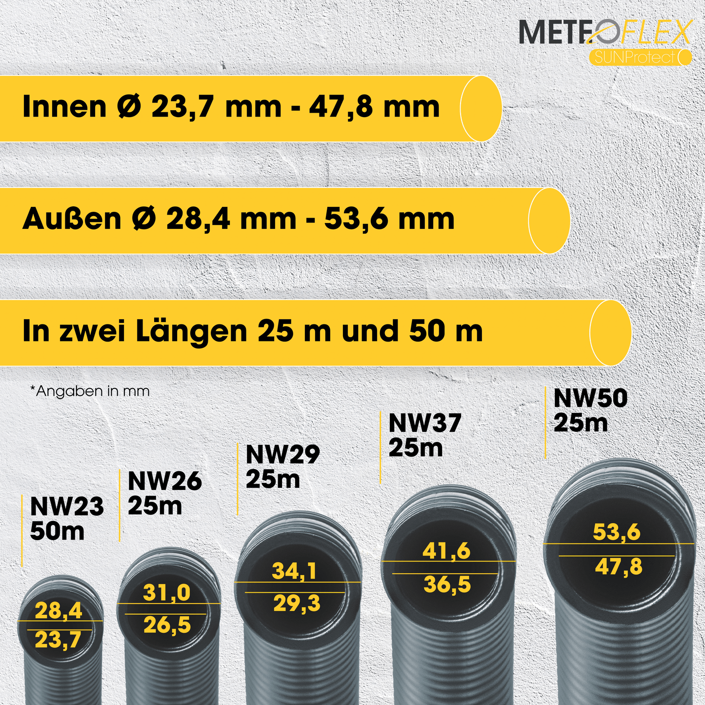 METEOFLEX® SUNPROTECT LEERROHR NW23 NW26 NW29 NW37 NW50 geschlitzt und ungeschlitzt